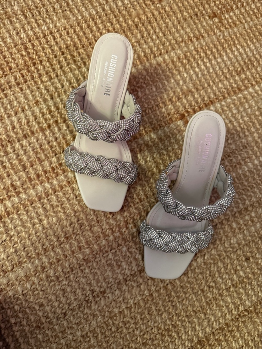 Beige Braided Slide Mules with Silver Beaded Straps